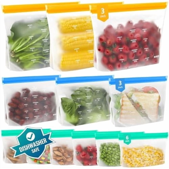 Dishwasher Safe Food Storage Bags Stand Up, 12Pack Reusable Gallon Freezer Bags, Reusable Bags Various Size, Reusable Sandwich Bags, Leakproof BPA Free Reusable Bags for Lunch, Snack(12Pack)