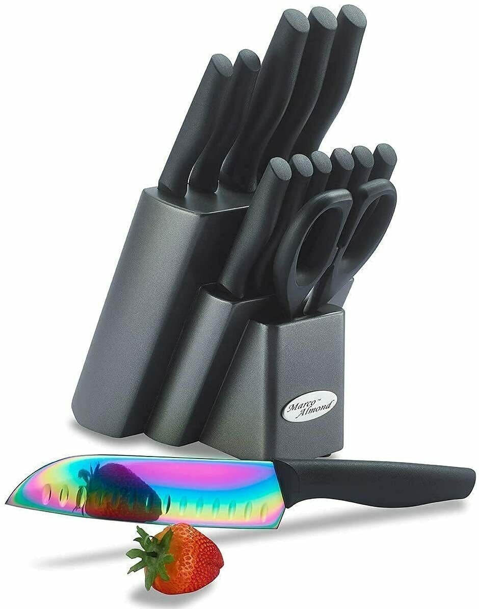 Dishwasher Safe Knife Set,Marco Almond KYA25 14-Piece Titanium Cutlery Rainbow Kitchen Knife Block Set,Black