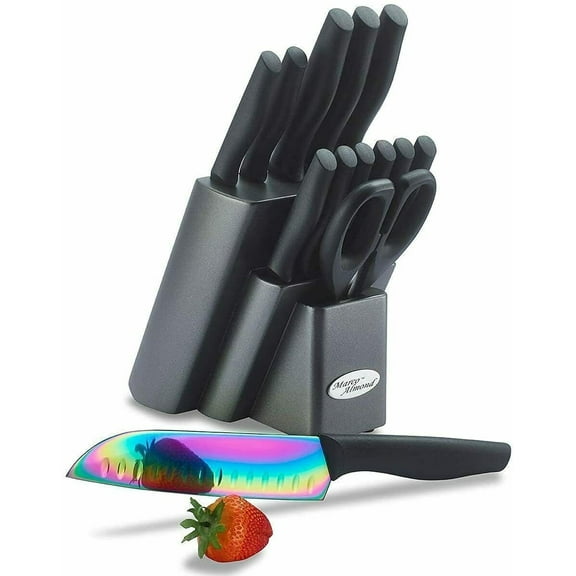 Dishwasher Safe Knife Set,Marco Almond KYA25 14-Piece Titanium Cutlery Rainbow Kitchen Knife Block Set,Black