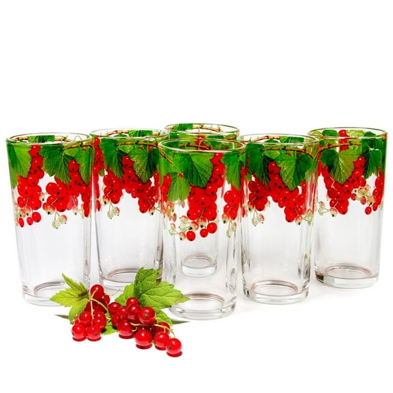 Dishwasher Safe Redcurrant Decal Tall Glass Set of 6 Highball Glasses 2.6 / 5 Inches Berry Microwave Safe Water Drinking Glasses