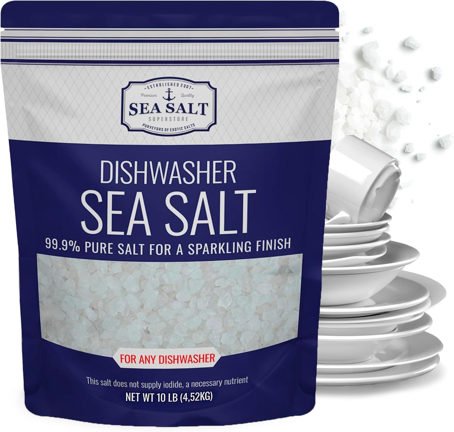 Dishwasher Salt, Natural Water Softener, Food Grade Coarse Sea Salt Compatible with Miele, Thermador, Whirlpool, & Bosch Dishwasher 10 lb