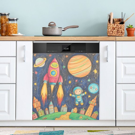 Dishwasher Sticker Dishwasher Cover Magnet Refrigerator Home Decorative Art Kitchen Panel Decal Astronauts and Rocket Crayons Drawing 23x26 Inch