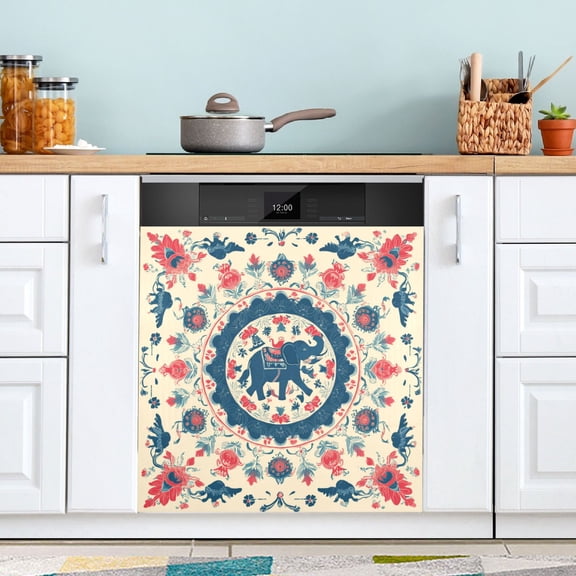 Dishwasher Sticker Dishwasher Cover Magnet Refrigerator Home Decorative Art Kitchen Panel Decal Blue and Red Tibetan Pattern 23x26 Inch