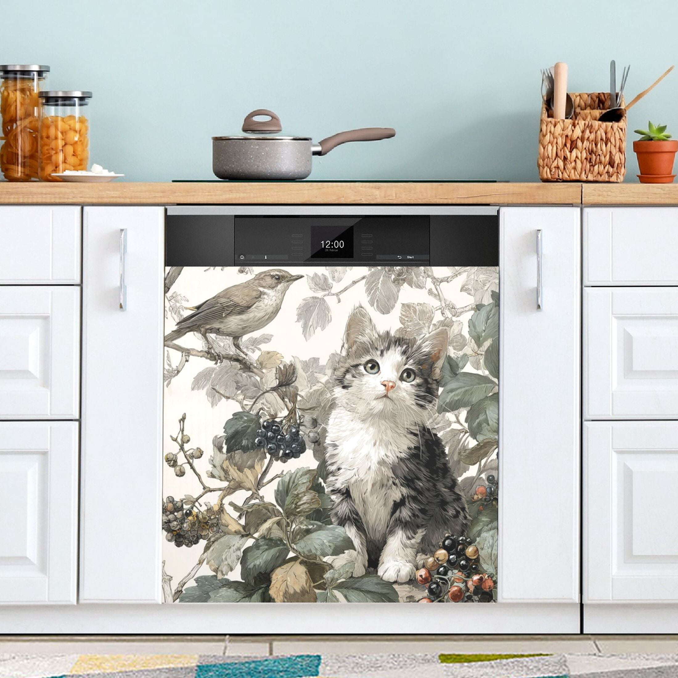 Dishwasher Sticker Magnetic Dishwasher Sticker Magnetic Decorative Sticker Refrigerator Sticker Dishwasher Decorative Stickers Cute Cat and Bird