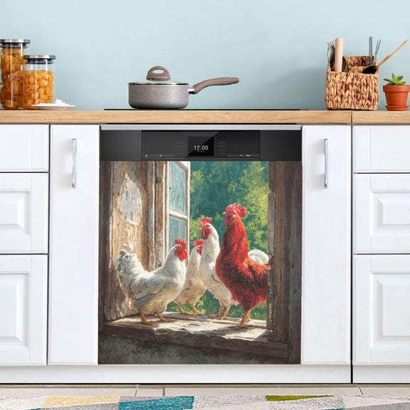 Dishwasher Sticker Magnetic Dishwasher Sticker Magnetic Decorative Sticker Refrigerator Sticker Dishwasher Decorative Stickers White Chickens on Windowsill