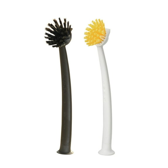 Dishwashing Brush with Suction Cup Base Kitchen Scrubber for Pots Pans Cleaning Tool Long Handle Dish Scraper Wand Black White 2PCS-Set 2PCS-Set