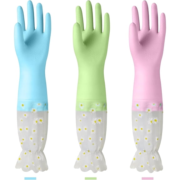 Dishwashing Cleaning Gloves 3 Pairs-Reusable Cotton Liner Rubber Gloves Long cuff 19.5" Non-Slip Kitchen Gardening Gloves