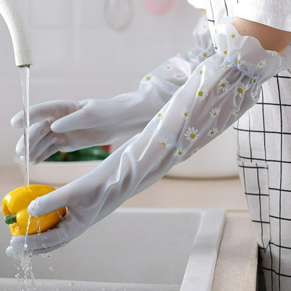 Dishwashing Gloves Rubber Waterproof Household | Long Kitchen Laundry Cleaning Gloves | Elegant Pleated Wrist Design | 1 Piece | White Blue Pink | 42x17x3cm Durable Comfortable