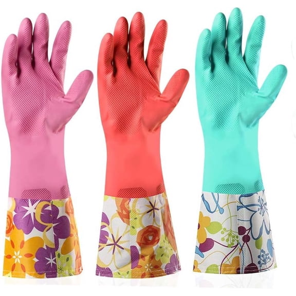 Dishwashing Rubber Gloves 3 Pairs, Non-Slip Household Laundry Kitchen Cleaning Gloves, PU Latex Gloves for Mom (Large, 3 Pairs)