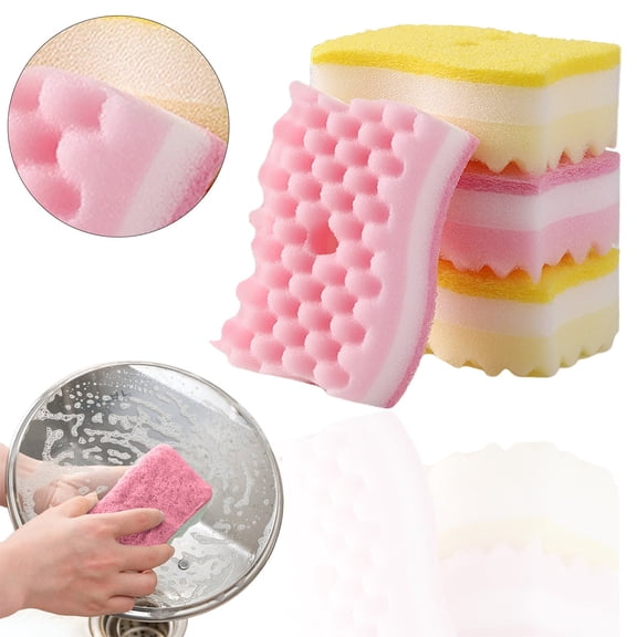 Dishwashing Sponge，Multi-Functional Sponges,Non-Scratch Scrub Sponges Household Kitchen Cleaning Sponges Durable Scouring Pads,4.33"×2.76"×1.57",4PCS (Pink- S-shaped)