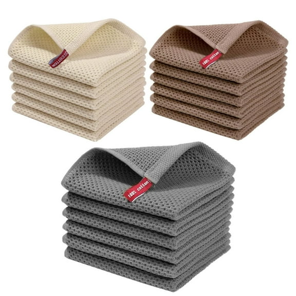 Dishwashing Towel X6 (Gray + Brown + Beige) X2 Cotton Weave Kitchen Dish Cloths Ultra Soft Absorbent Quick Drying Dish Towels 12X12 Inches 6 Pack (Gray Brown Beige)