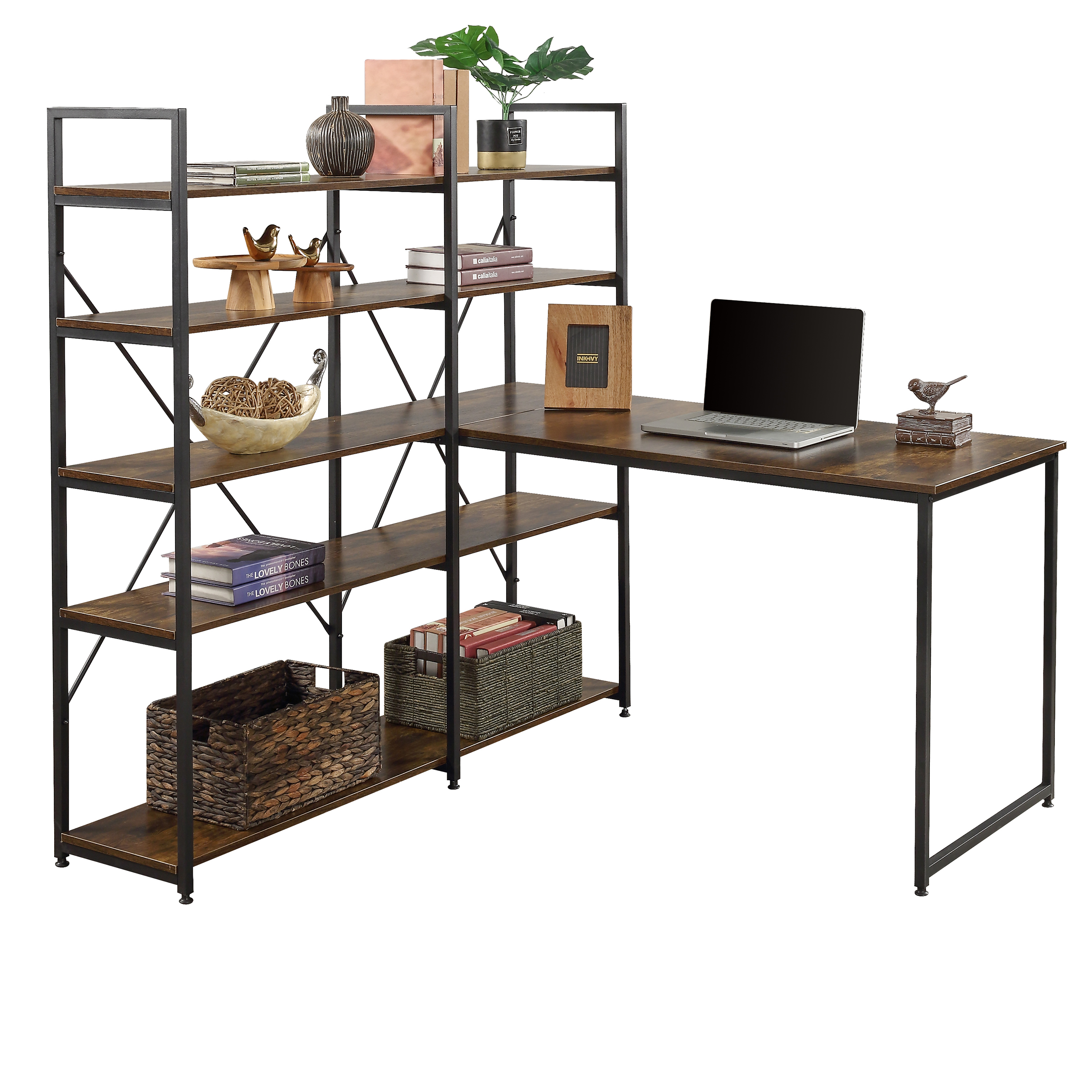 DishyKooker Large Computer Desk with 5Tier Shelves, Home Office 54