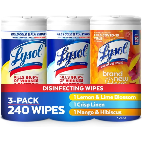 Disinfectant Wipes Bundle, Dorm Room Essentials, Multi-Surface Cleaning Wipes, For Disinfecting & Cleaning, Lemon & Lime Blossom, Crisp Linen, Mango & Hibiscus, 3x80 ct
