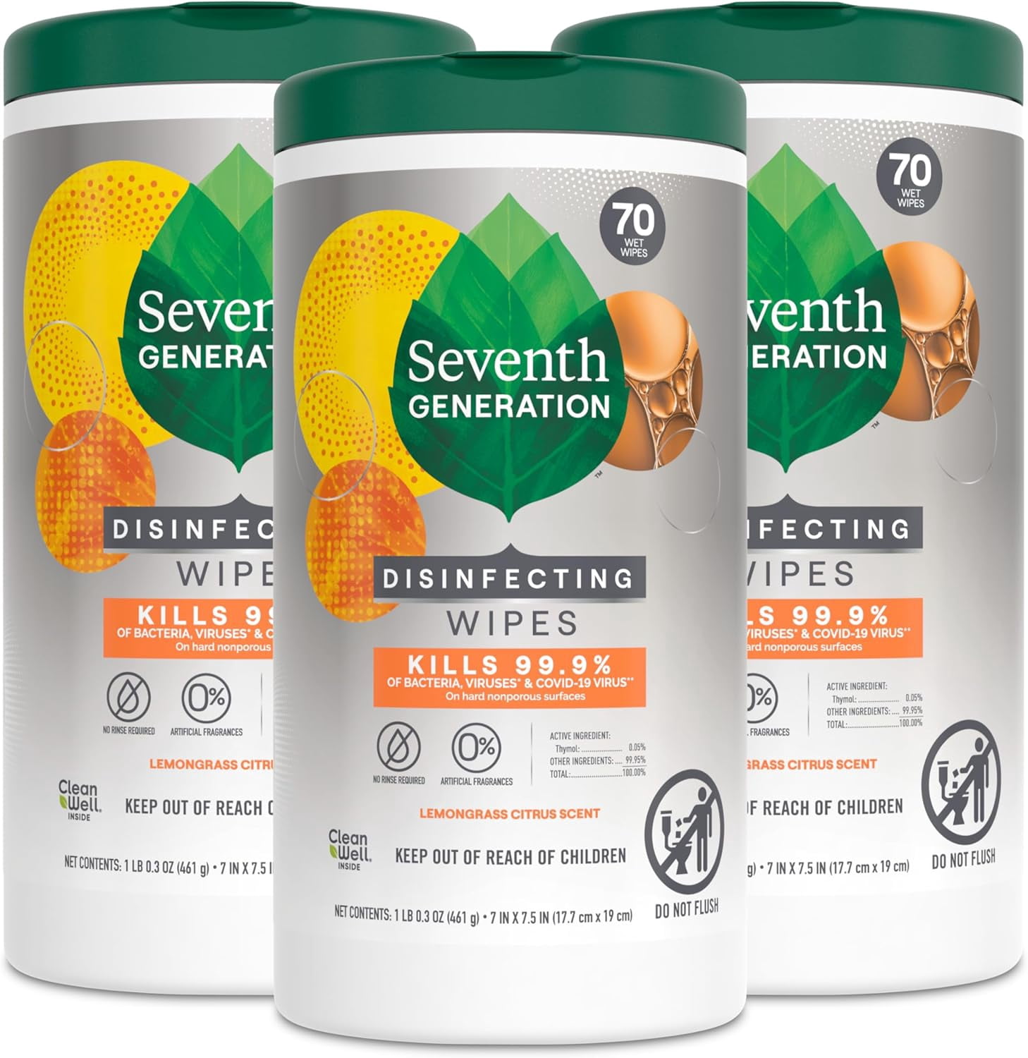 Disinfecting Multi-Surface Wipes, Lemongrass Citrus, 70 Count, Pack of 3 (Packaging May Vary)