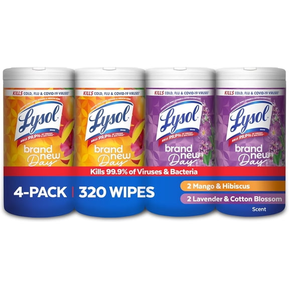 Disinfecting Wipes Bundle, Home Apartment Dorm Room Essentials and Cleaning Supplies, All Purpose Cleaner, Multi-surface Cleaning & Sanitizing Wipes, Lavender & Mango Scents, 80 Count (4pk)