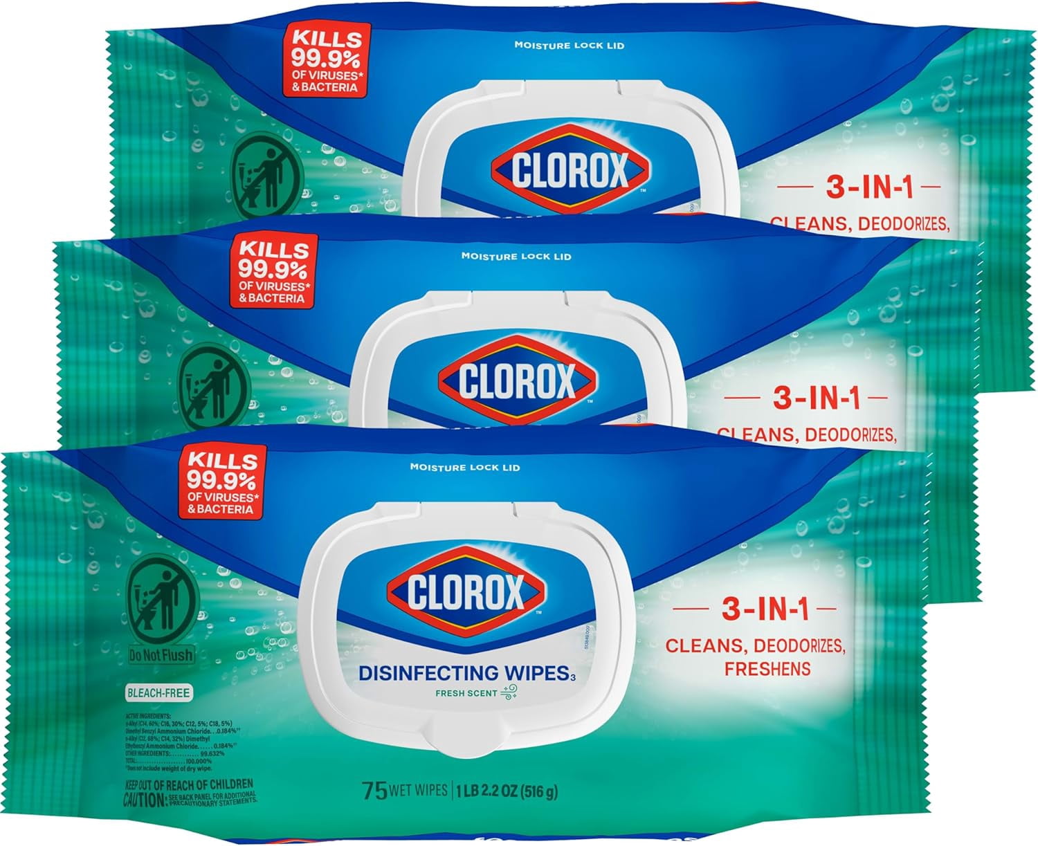 Disinfecting Wipes Flexible Pack, Unbleached, Fresh Scent, 75 count, 3 Pack (Packaging may vary)