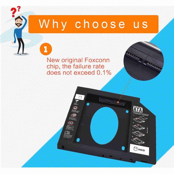 Disk 2.5 Inch  HDD Caddy Bay Tray for Laptop DVD ROM Slot Replacement, 9.5mm Thick, Includes Screwdriver and Screws