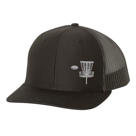 Disk Golf Basket Goal Golfer Mens Embroidered Mesh Back Trucker Hat, Black/Black