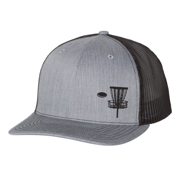 Disk Golf Basket Goal Golfer Mens Embroidered Mesh Back Trucker Hat, Heather Grey/Black