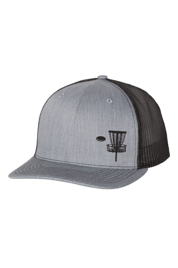 Disk Golf Basket Goal Golfer Mens Embroidered Mesh Back Trucker Hat, Heather Grey/Black