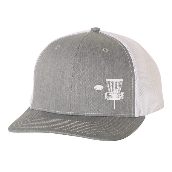 Disk Golf Basket Goal Golfer Mens Embroidered Mesh Back Trucker Hat, Heather Grey/White