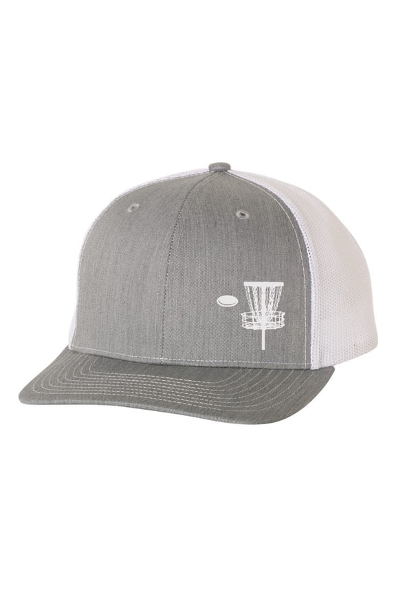 Disk Golf Basket Goal Golfer Mens Embroidered Mesh Back Trucker Hat, Heather Grey/White