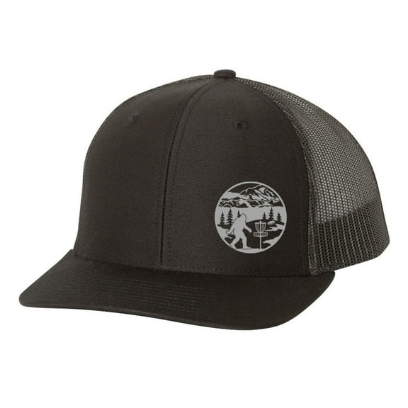 Disk Golf Bigfoot Throwing Disk Golfer Mens Embroidered Mesh Back Trucker Hat, Black/Black