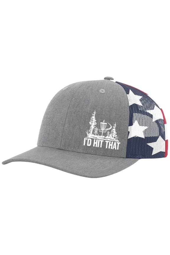 Disk Golf Funny I'd Hit That Golfer Mens Embroidered Mesh Back Trucker Hat, Heather Grey/American Flag