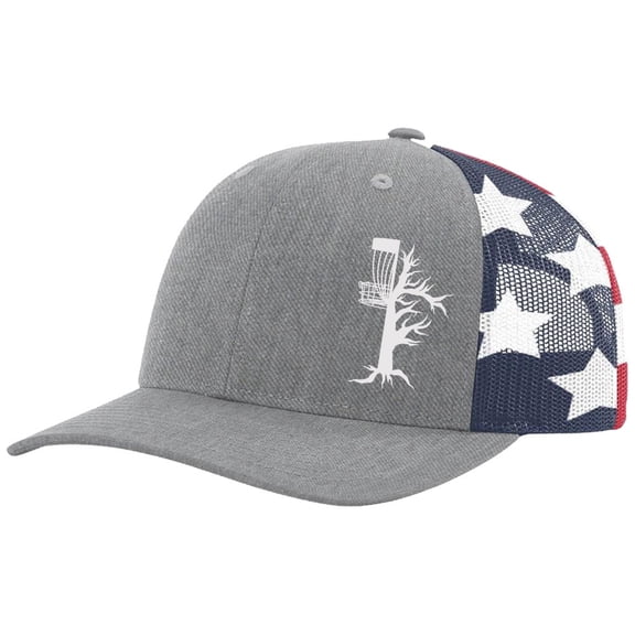 Disk Golf Tree Branch Chain Golfer Mens Embroidered Mesh Back Trucker Hat, Heather Grey/American Flag