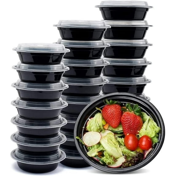 Diska NuLife 16oz Round Food Container 50 Pcs | Black PP Polypropylene Containers With Lids For Storage | Microwave & Freezer Safe | Eco-Friendly, BPA-Free