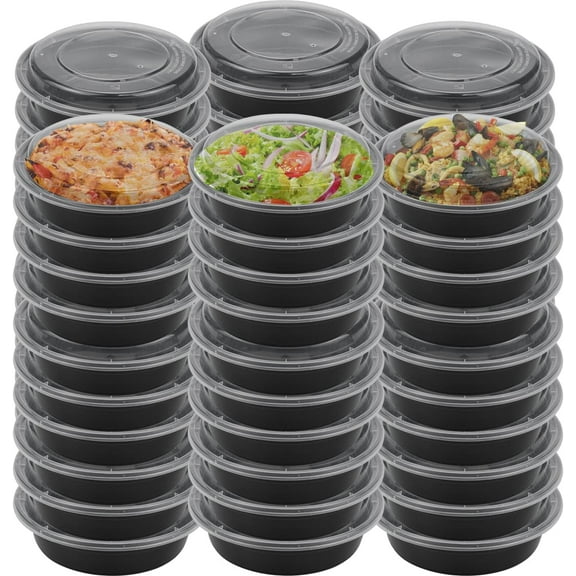 Diska NuLife 16oz Round Food Container 150 Pcs | Black PP Polypropylene Containers With Lids For Storage | Microwave & Freezer Safe | Eco-Friendly, BPA-Free