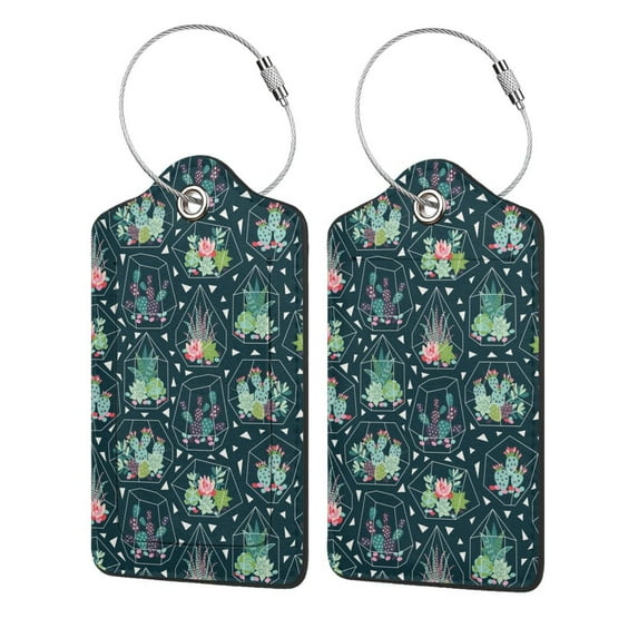 Disketp 1 Luggage Tag For Suitcase,Cactus 2 Leather Baggage Tag With Stainless Steel Loop Privacy Cover For Women Men Girls