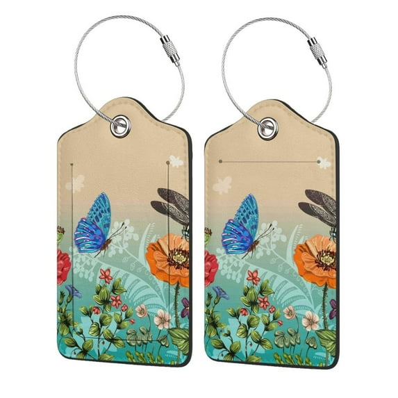 Disketp 1 Luggage Tag For Suitcase,Colorful Plants And Insects Leather Baggage Tag With Stainless Steel Loop Privacy Cover For Women Men Girls