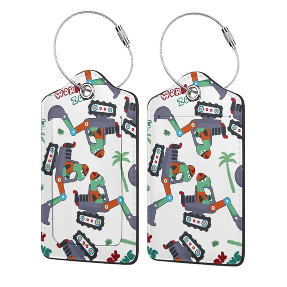 Disketp 1 Luggage Tag For Suitcase,Dinosaur On Excavator2 Leather Baggage Tag With Stainless Steel Loop Privacy Cover For Women Men Girls