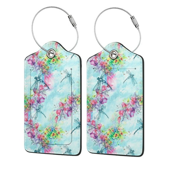 Disketp 1 Luggage Tag For Suitcase,Dragonfly Floral Leather Baggage Tag With Stainless Steel Loop Privacy Cover For Women Men Girls