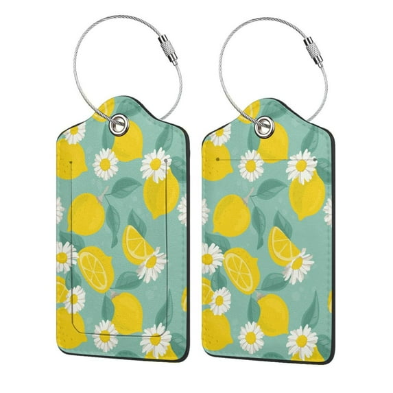 Disketp 1 Luggage Tag For Suitcase,Lemons Chamomile Flowers And Leaves Leather Baggage Tag With Stainless Steel Loop Privacy Cover For Women Men Girls