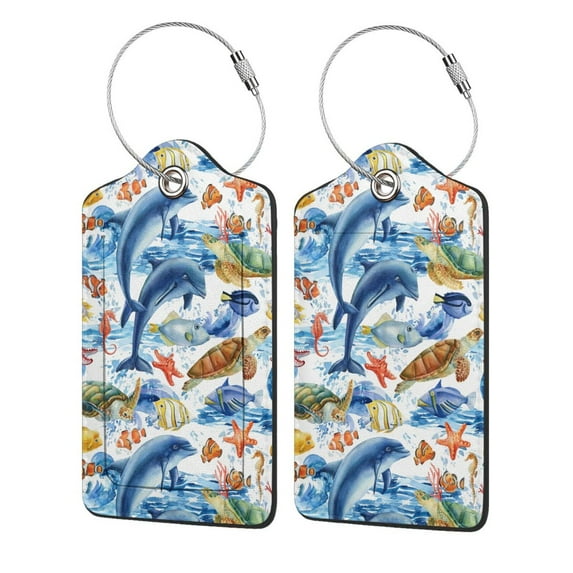 Disketp 1 Luggage Tag For Suitcase,Marine Animals Leather Baggage Tag With Stainless Steel Loop Privacy Cover For Women Men Girls