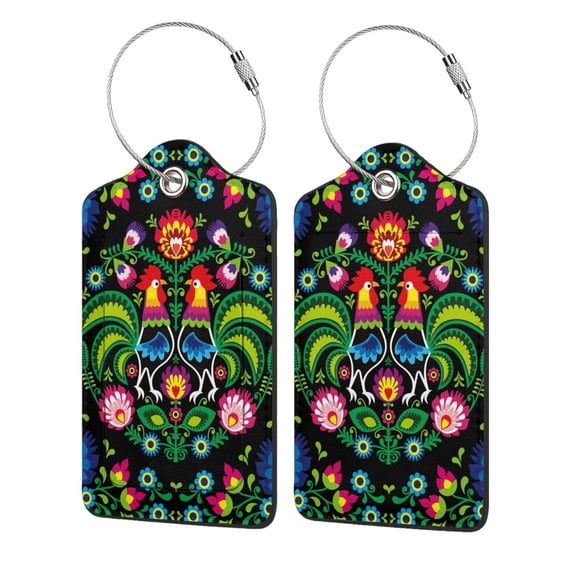 Disketp 1 Luggage Tag For Suitcase,Roosters And Flowers Leather Baggage Tag With Stainless Steel Loop Privacy Cover For Women Men Girls