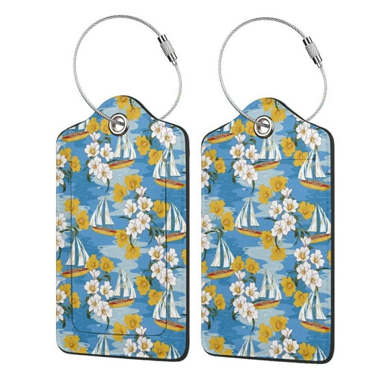 Disketp 1 Luggage Tag for Suitcase,Flower and Sail Boat Leather Baggage Tag with Stainless Steel Loop Privacy Cover for Women Men Girls