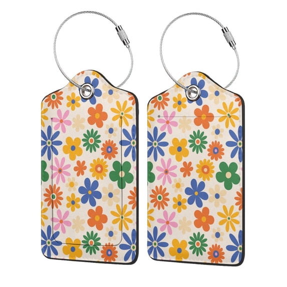 Disketp 2 PCS Luggage Tag for Suitcase,Groovy Daisy Flowers Leather Baggage Tag with Stainless Steel Loop Privacy Cover for Women Men Girls