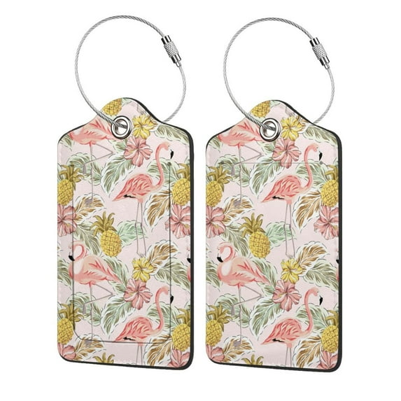 Disketp 1 Luggage Tag for Suitcase,Tropical Pink Flamingo Pineapple Leather Baggage Tag with Stainless Steel Loop Privacy Cover for Women Men Girls