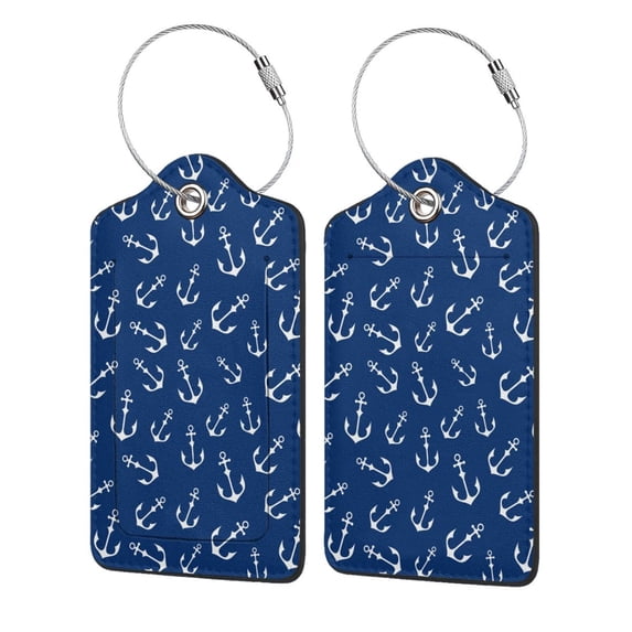 Disketp 2 PCS Luggage Tag for Suitcase,Nautical Anchors Leather Baggage Tag with Stainless Steel Loop Privacy Cover for Women Men Girls