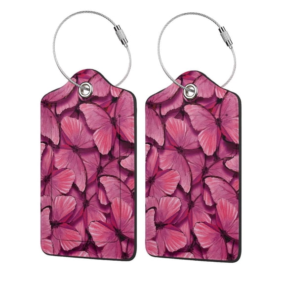 Disketp 2 PCS Luggage Tag for Suitcase,Pink Butterfly Leather Baggage Tag with Stainless Steel Loop Privacy Cover for Women Men Girls