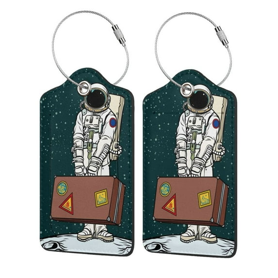 Disketp 2 Pcs Luggage Tag For Suitcase,Astronaut Traveler With Suitcase Leather Baggage Tag With Stainless Steel Loop Privacy Cover For Women Men Girls