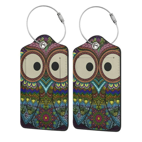 Disketp 2 Pcs Luggage Tag For Suitcase,Boho Owl Leather Baggage Tag With Stainless Steel Loop Privacy Cover For Women Men Girls