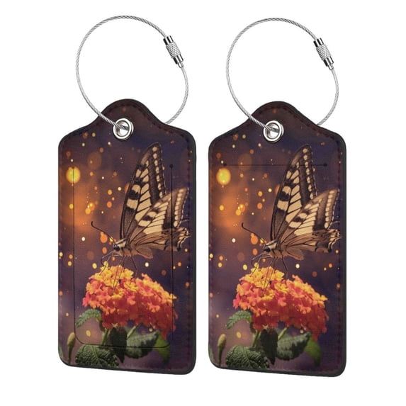 Disketp 2 Pcs Luggage Tag For Suitcase,Butterfly Sitting On A Flower Leather Baggage Tag With Stainless Steel Loop Privacy Cover For Women Men Girls