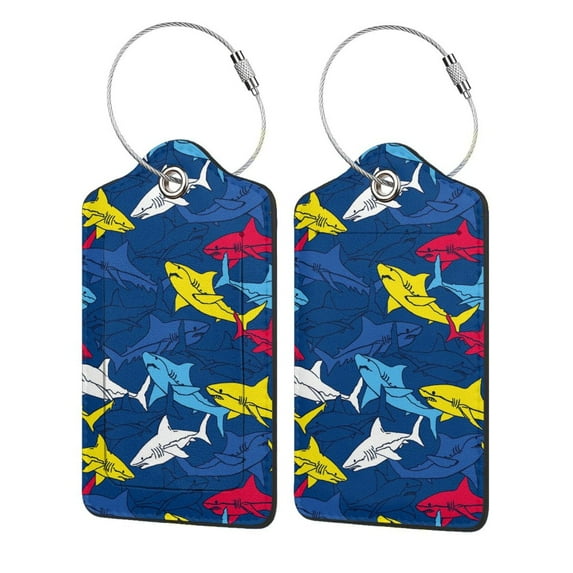 Disketp 2 Pcs Luggage Tag For Suitcase,Cartoon Shark Leather Baggage Tag With Stainless Steel Loop Privacy Cover For Women Men Girls