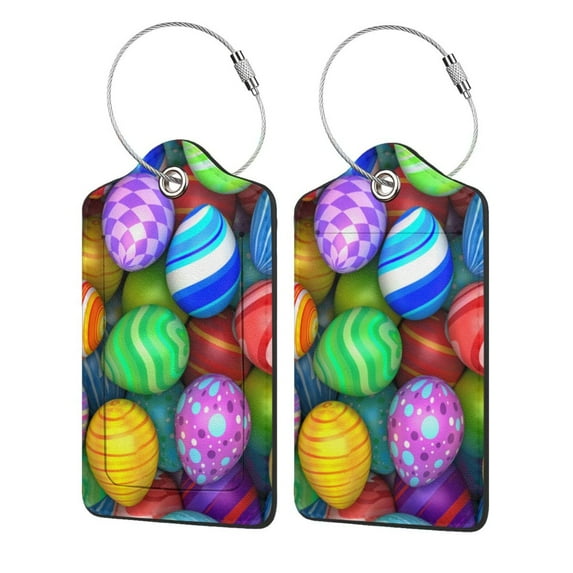 Disketp 2 Pcs Luggage Tag For Suitcase,Colorful Easter Eggs1 Leather Baggage Tag With Stainless Steel Loop Privacy Cover For Women Men Girls