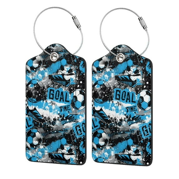 Disketp 2 Pcs Luggage Tag For Suitcase,Football Time Leather Baggage Tag With Stainless Steel Loop Privacy Cover For Women Men Girls