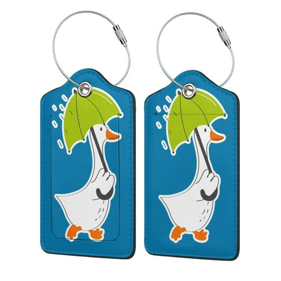 Disketp 2 Pcs Luggage Tag For Suitcase,Goose Holding An Umbrella Leather Baggage Tag With Stainless Steel Loop Privacy Cover For Women Men Girls